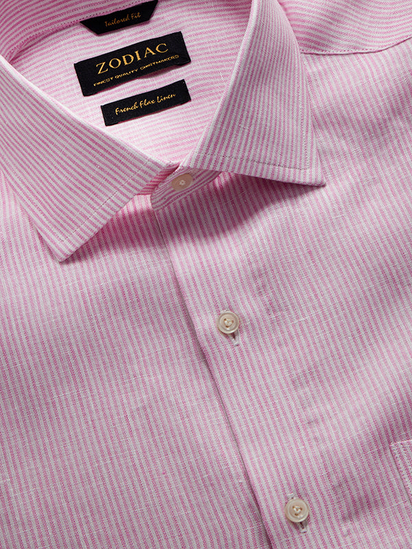 Positano Pink Striped Full Sleeve Single Cuff Tailored Fit Semi Formal European Flax Linen Shirt