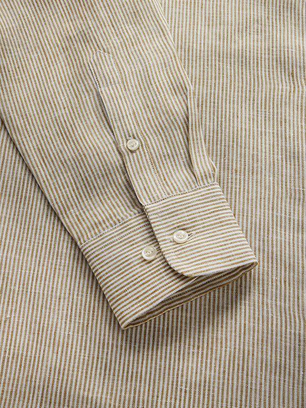 Positano Sand Striped Full Sleeve Single Cuff Tailored Fit Semi Formal French Flax Linen Shirt