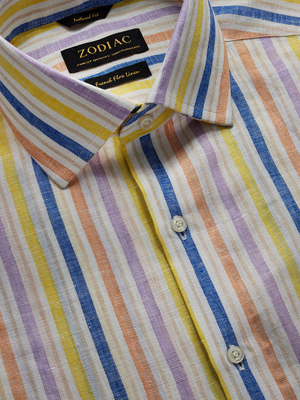 Positano Lilac Striped Full Sleeve Single Cuff Tailored Fit Semi Formal European Flax Linen Shirt