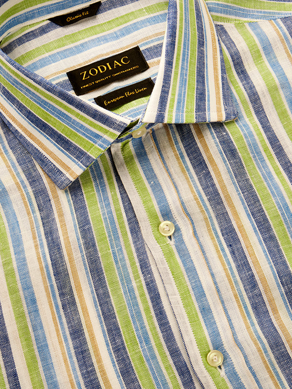 Positano Lime Striped Full Sleeve Single Cuff Classic Fit Semi Formal European Flax Linen Shirt