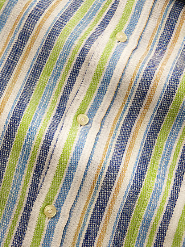 Positano Lime Striped Full Sleeve Single Cuff Classic Fit Semi Formal European Flax Linen Shirt