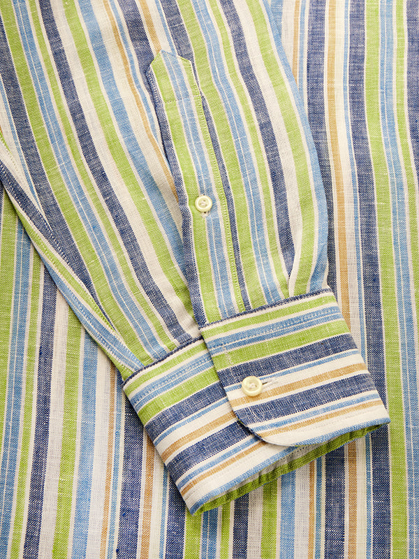 Positano Lime Striped Full Sleeve Single Cuff Classic Fit Semi Formal European Flax Linen Shirt