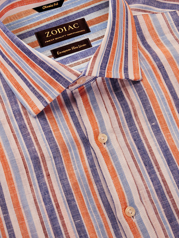 Positano Orange Striped Full Sleeve Single Cuff Classic Fit Semi Formal European Flax Linen Shirt