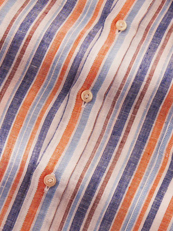 Positano Orange Striped Full Sleeve Single Cuff Classic Fit Semi Formal European Flax Linen Shirt
