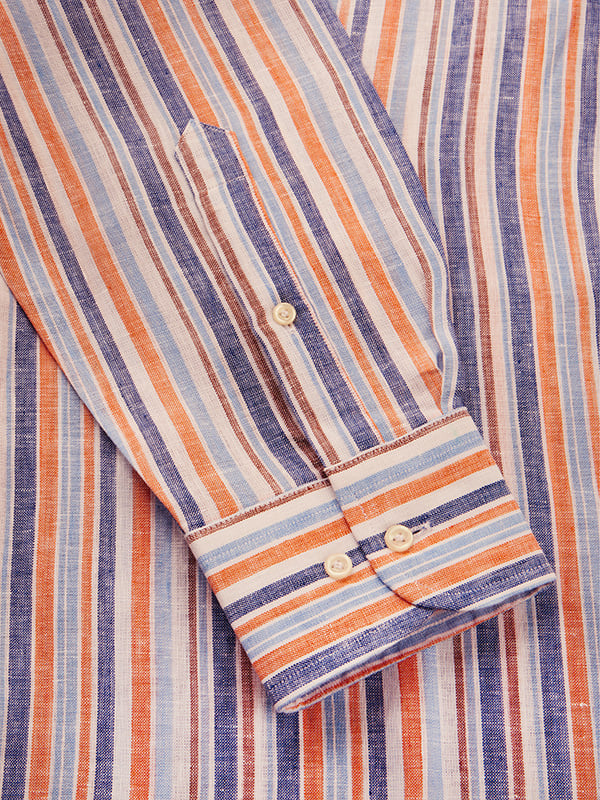 Positano Orange Striped Full Sleeve Single Cuff Classic Fit Semi Formal European Flax Linen Shirt