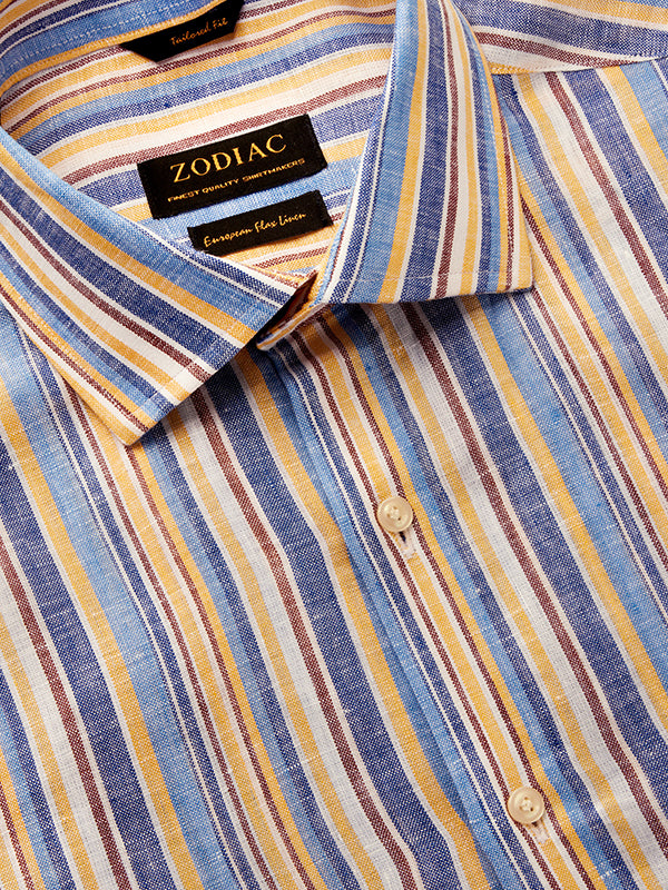 Positano Yellow Striped Full Sleeve Single Cuff Tailored Fit Semi Formal European Flax Linen Without Pocket Shirt