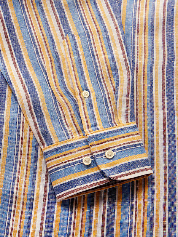 Positano Yellow Striped Full Sleeve Single Cuff Tailored Fit Semi Formal European Flax Linen Without Pocket Shirt