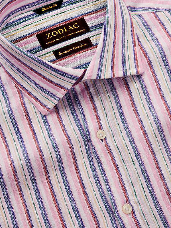 Positano Pink Striped Full Sleeve Single Cuff Classic Fit Semi Formal European Flax Linen Shirt