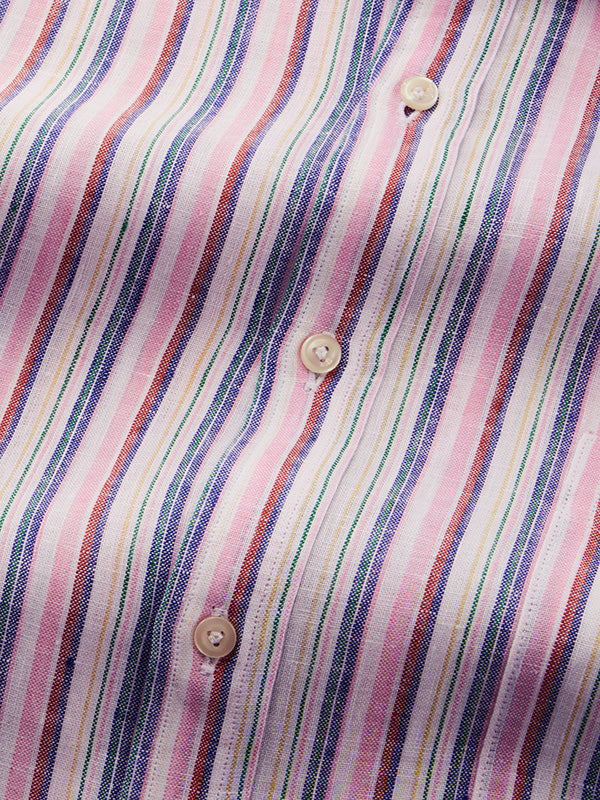 Positano Pink Striped Full Sleeve Single Cuff Classic Fit Semi Formal European Flax Linen Shirt