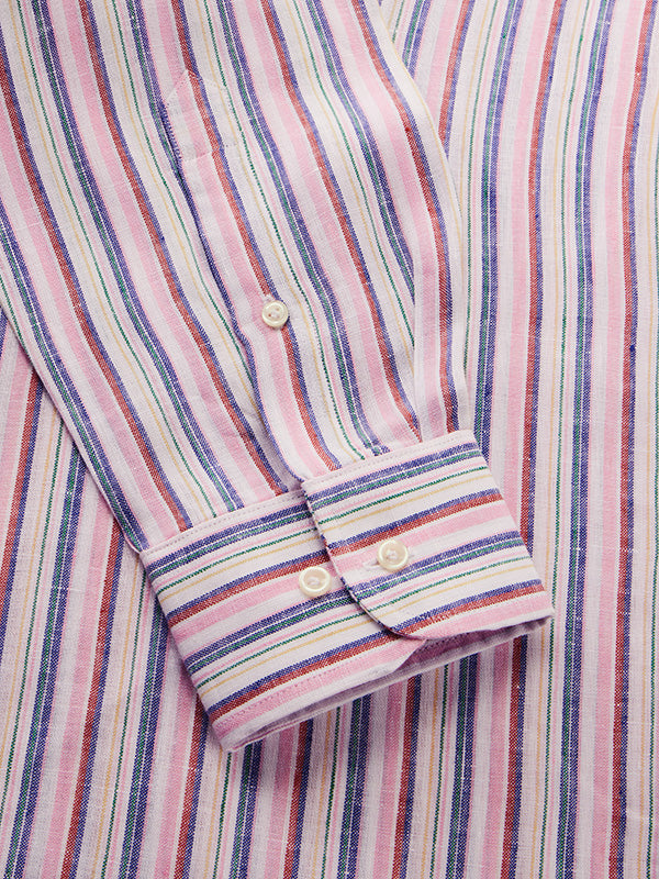 Positano Pink Striped Full Sleeve Single Cuff Classic Fit Semi Formal European Flax Linen Shirt