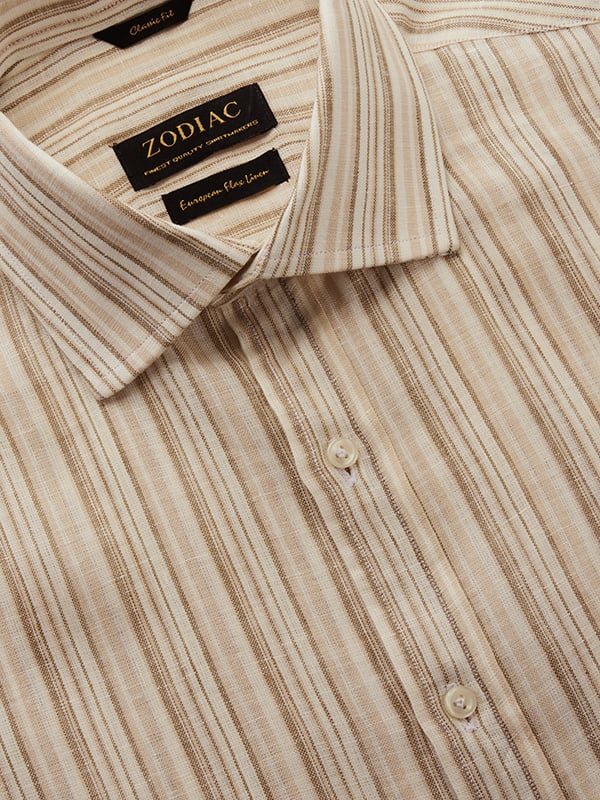 Positano Sand Striped Full Sleeve Single Cuff Classic Fit Semi Formal European Flax Linen Shirt