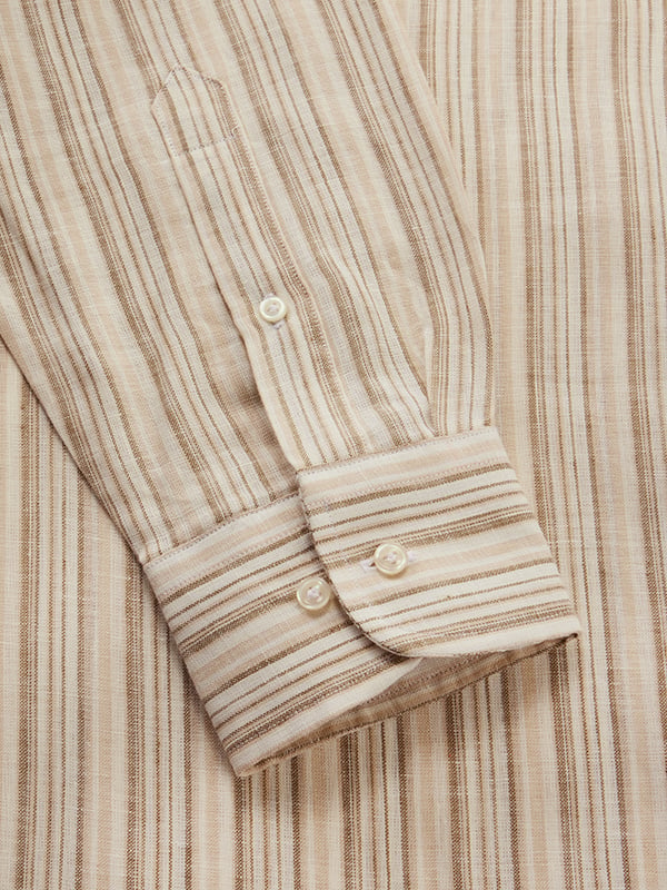Positano Sand Striped Full Sleeve Single Cuff Classic Fit Semi Formal European Flax Linen Shirt