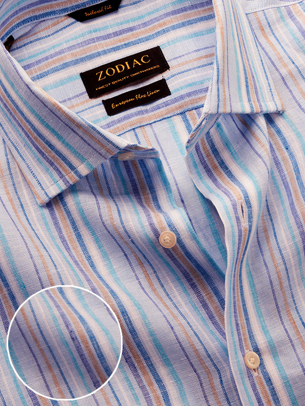 Positano Sky Striped Full Sleeve Single Cuff Tailored Fit Semi Formal European Flax Linen Without Pocket Shirt