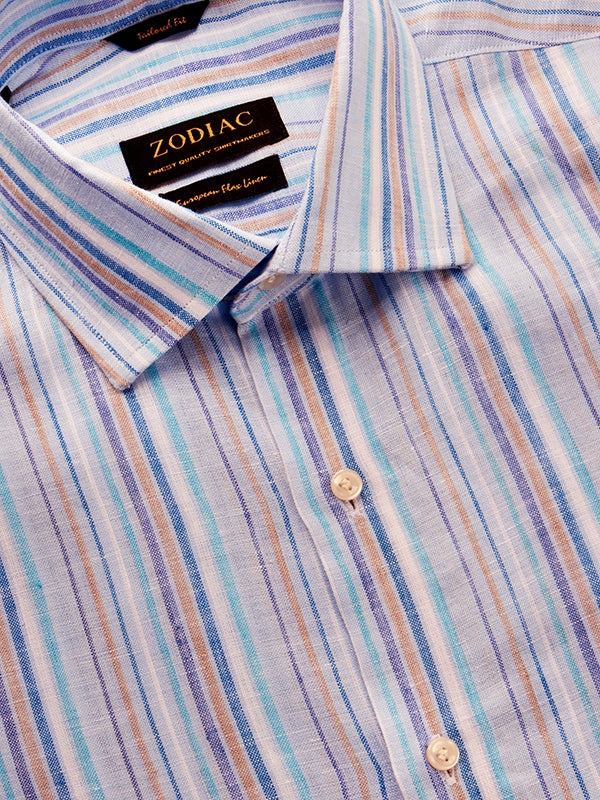 Positano Sky Striped Full Sleeve Single Cuff Tailored Fit Semi Formal European Flax Linen Without Pocket Shirt