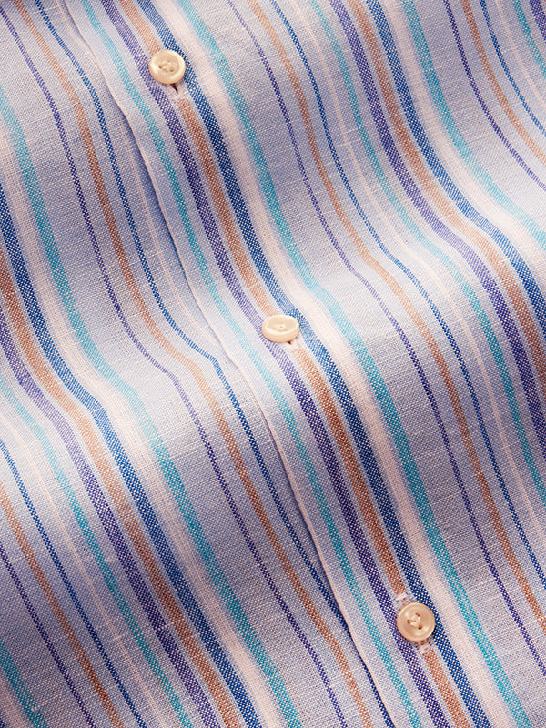 Positano Sky Striped Full Sleeve Single Cuff Tailored Fit Semi Formal European Flax Linen Without Pocket Shirt