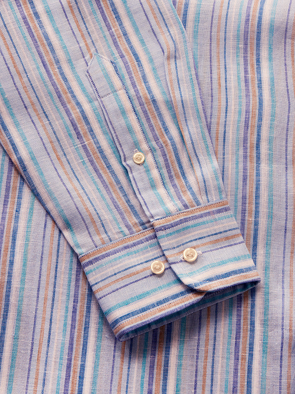 Positano Sky Striped Full Sleeve Single Cuff Tailored Fit Semi Formal European Flax Linen Without Pocket Shirt
