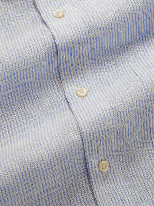 Positano Sky Striped Full Sleeve Single Cuff Tailored Fit Semi Formal European Flax Linen Shirt