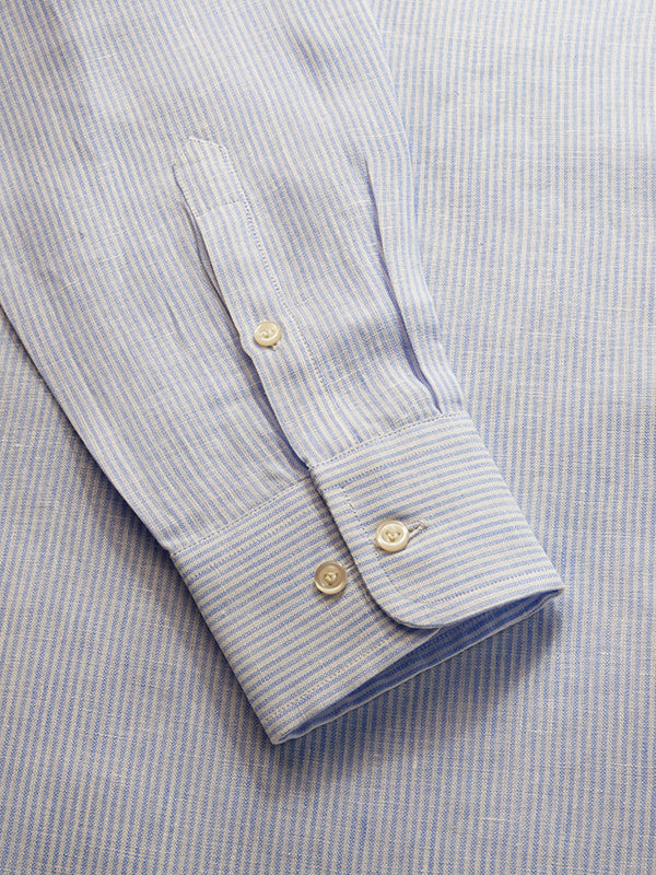 Positano Sky Striped Full Sleeve Single Cuff Tailored Fit Semi Formal European Flax Linen Shirt