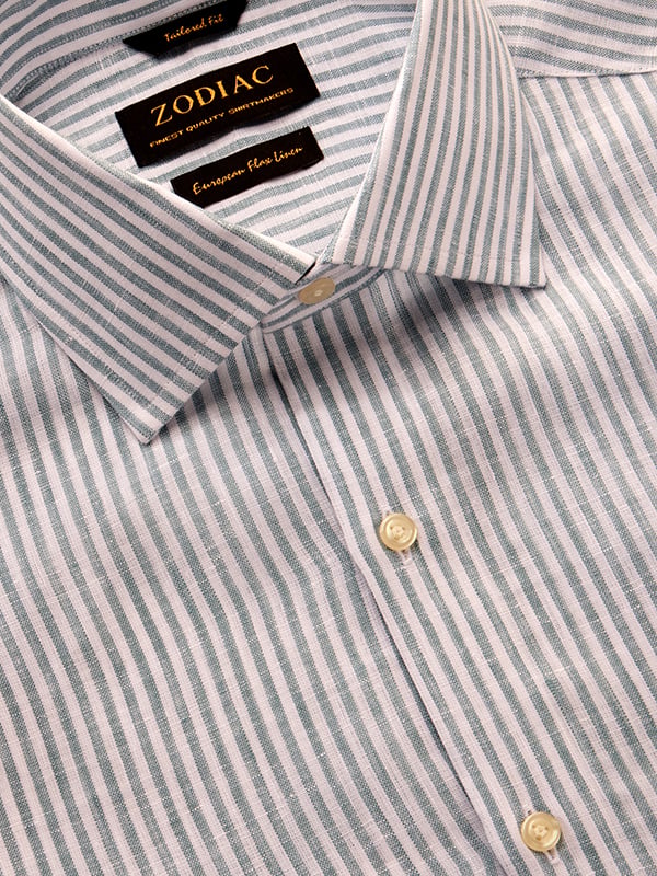 Positano Olive Striped Full Sleeve Single Cuff Tailored Fit Semi Formal European Flax Linen Without Pocket Shirt
