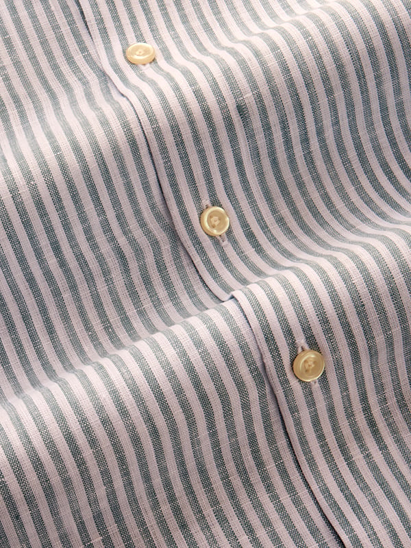 Positano Olive Striped Full Sleeve Single Cuff Tailored Fit Semi Formal European Flax Linen Without Pocket Shirt