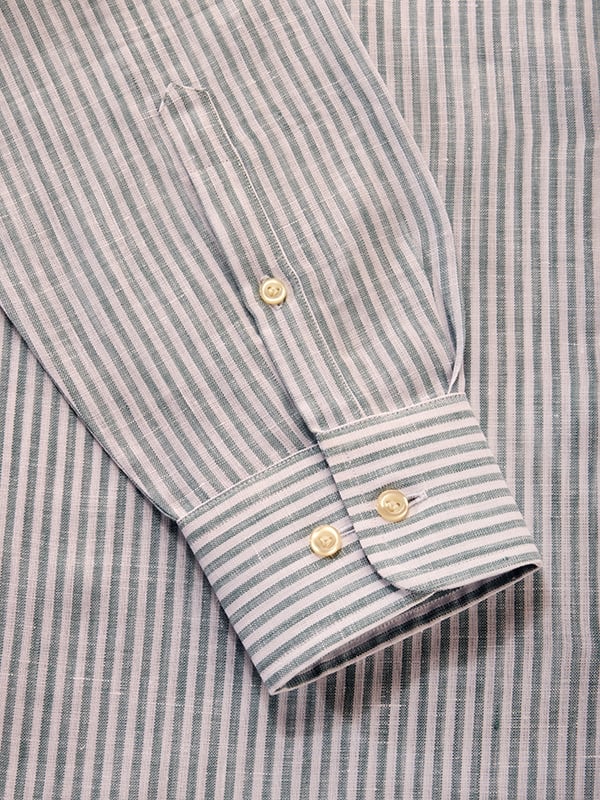 Positano Olive Striped Full Sleeve Single Cuff Tailored Fit Semi Formal European Flax Linen Without Pocket Shirt