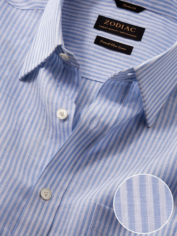 Positano Sky Striped Full Sleeve Single Cuff Classic Fit Semi Formal European Flax Linen Shirt