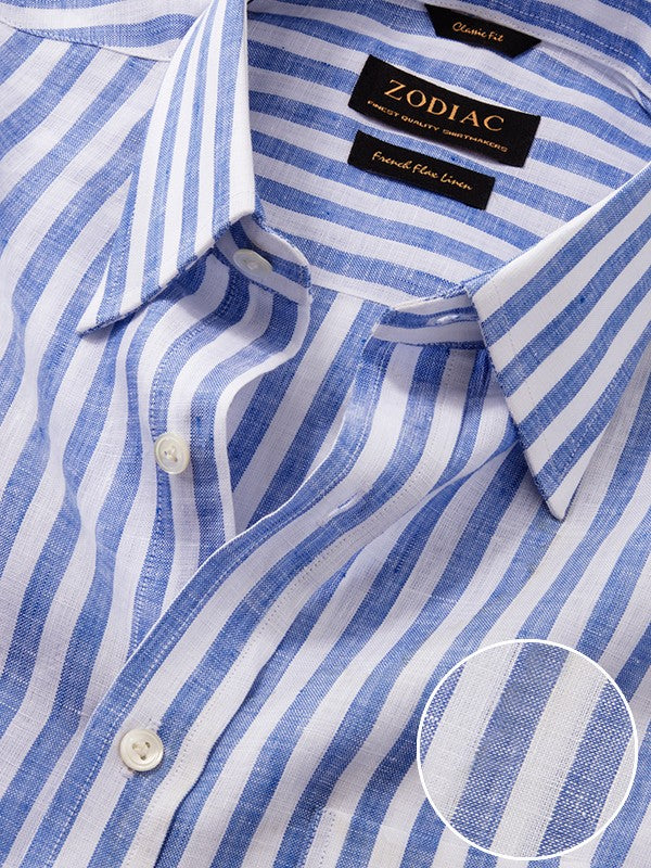 Positano Blue Striped Full Sleeve Single Cuff Classic Fit Semi Formal Point collar Linen Shirt