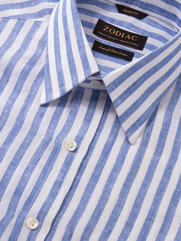 Positano Blue Striped Full Sleeve Single Cuff Classic Fit Semi Formal Point collar Linen Shirt