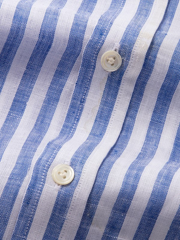 Positano Blue Striped Full Sleeve Single Cuff Classic Fit Semi Formal Point collar Linen Shirt