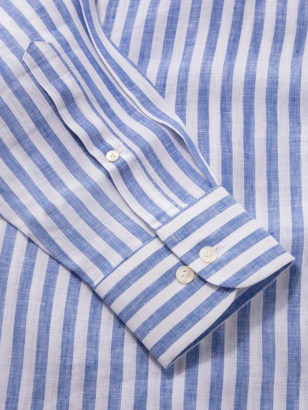 Positano Blue Striped Full Sleeve Single Cuff Classic Fit Semi Formal Point collar Linen Shirt