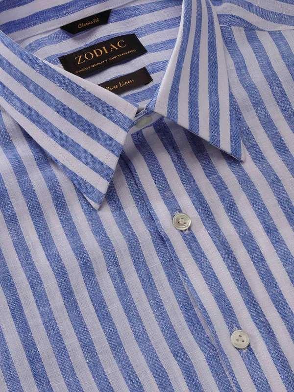 Positano Blue Striped Full Sleeve Single Cuff Classic Fit Semi Formal Point collar Linen Shirt