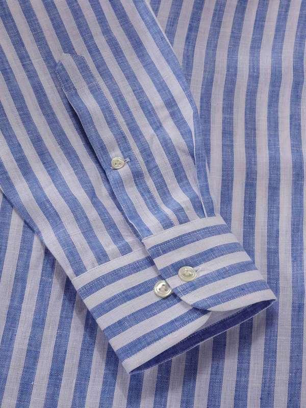 Positano Blue Striped Full Sleeve Single Cuff Classic Fit Semi Formal Point collar Linen Shirt