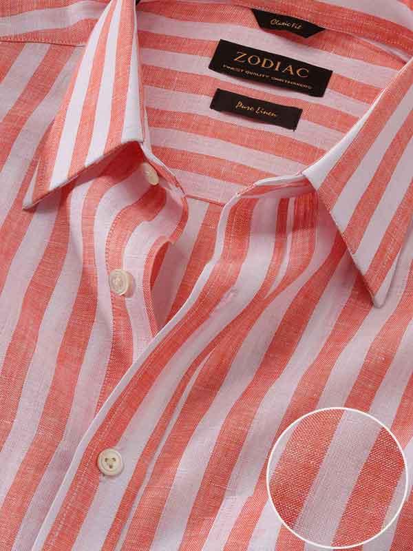 Positano Orange Striped Full Sleeve Single Cuff Classic Fit Semi Formal European Flax Linen Shirt
