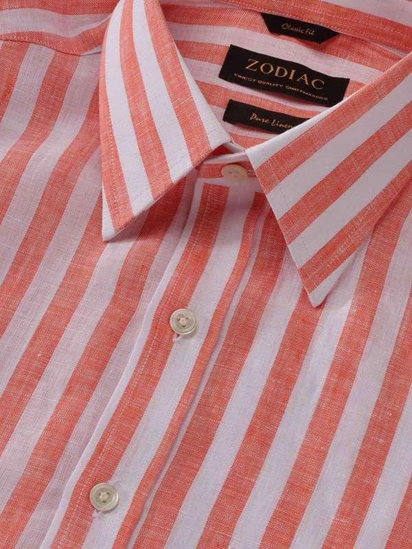 Positano Orange Striped Full Sleeve Single Cuff Classic Fit Semi Formal European Flax Linen Shirt