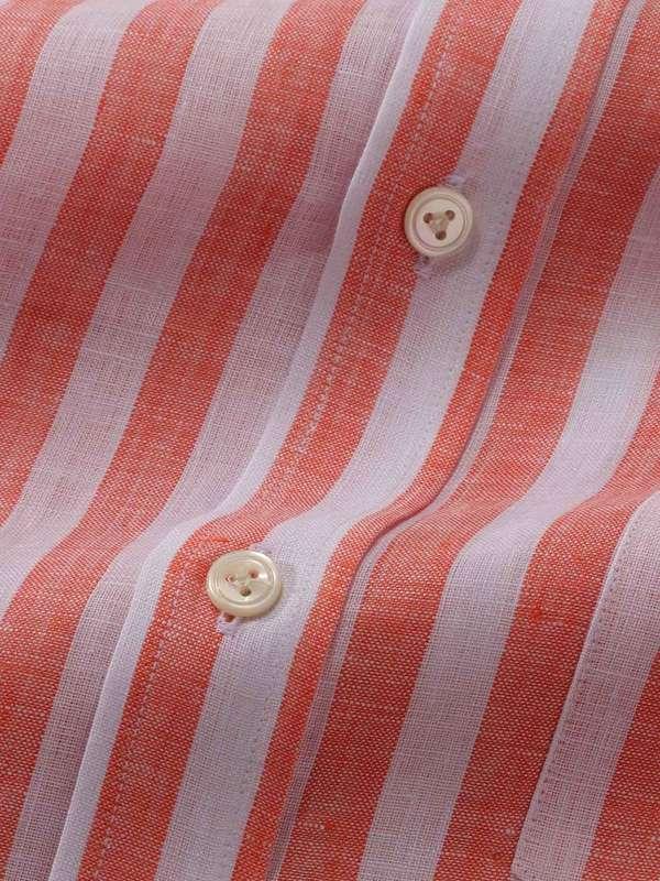 Positano Orange Striped Full Sleeve Single Cuff Classic Fit Semi Formal European Flax Linen Shirt