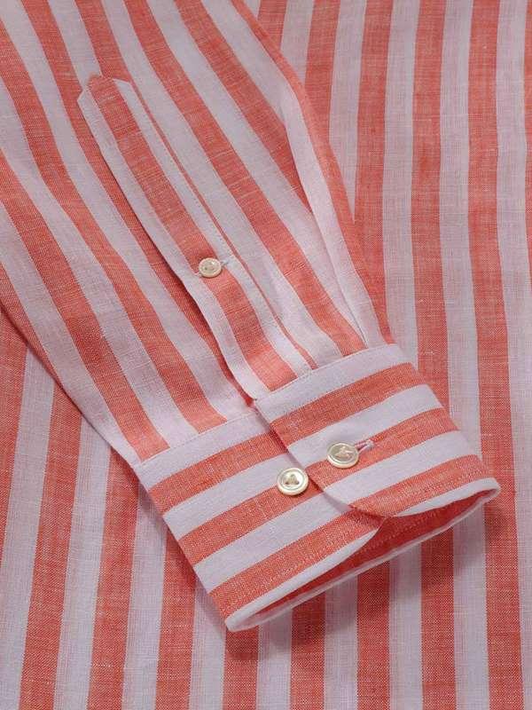 Positano Orange Striped Full Sleeve Single Cuff Classic Fit Semi Formal European Flax Linen Shirt