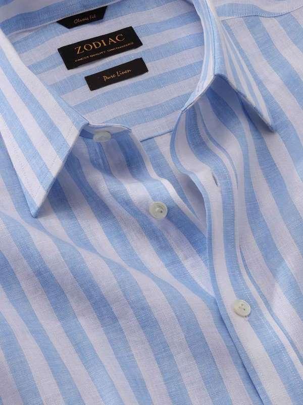 Positano Sky Striped Full Sleeve Single Cuff Classic Fit Semi Formal Point collar Linen Shirt