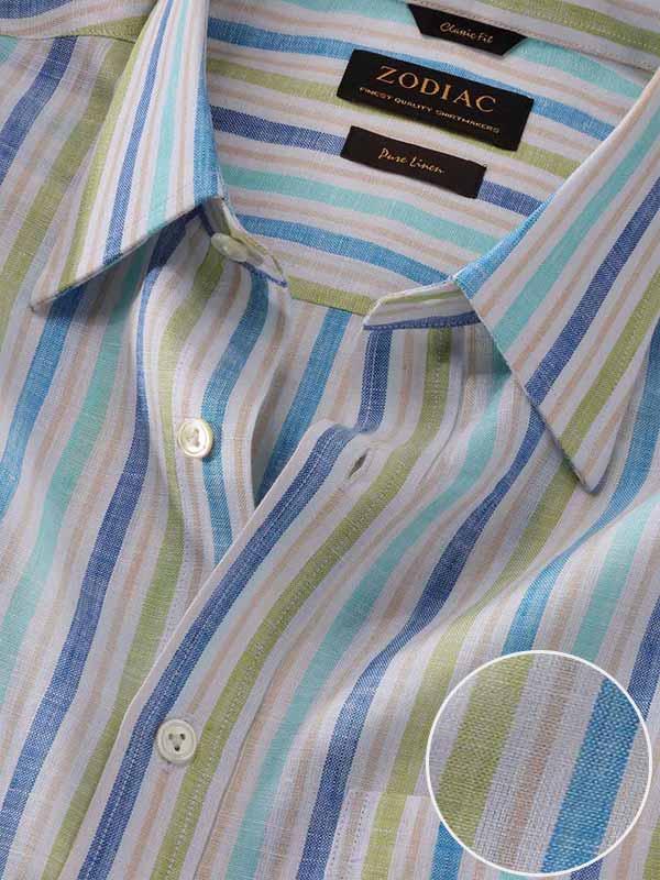 Positano Blue Striped Full Sleeve Single Cuff Classic Fit Semi Formal French Flax Linen Shirt