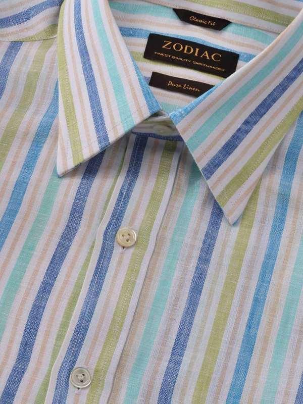 Positano Blue Striped Full Sleeve Single Cuff Classic Fit Semi Formal French Flax Linen Shirt