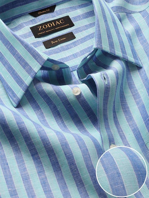 Positano Turquoise Striped Half Sleeve Classic Fit Semi Formal French Flax Linen Shirt