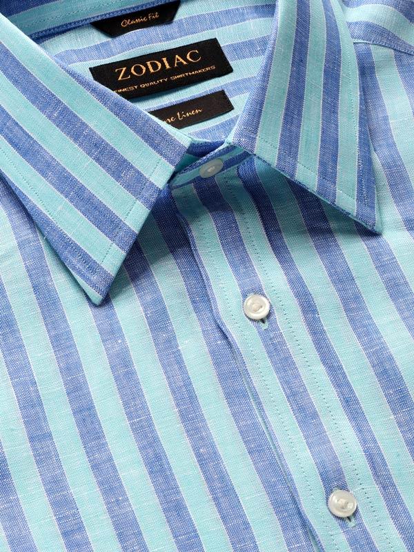 Positano Turquoise Striped Half Sleeve Classic Fit Semi Formal French Flax Linen Shirt