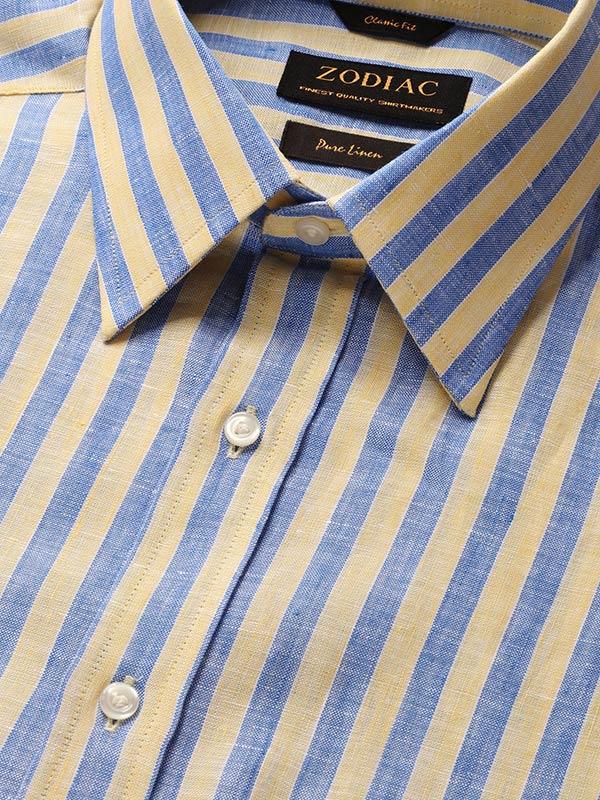 Positano Yellow Striped Half Sleeve Classic Fit Semi Formal French Flax Linen Shirt
