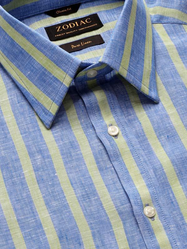 Positano Green Striped Full Sleeve Single Cuff Classic Fit Semi Formal Point collar Linen Shirt