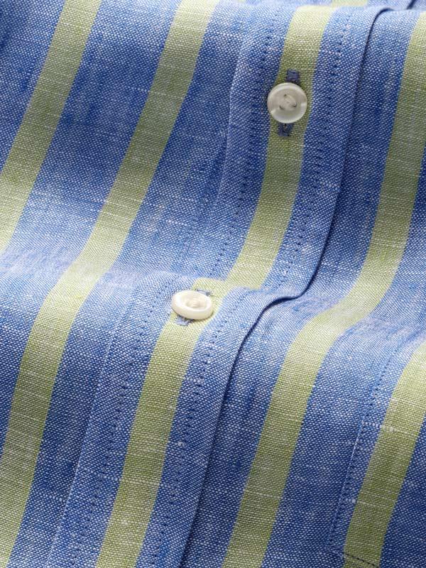 Positano Green Striped Full Sleeve Single Cuff Classic Fit Semi Formal Point collar Linen Shirt