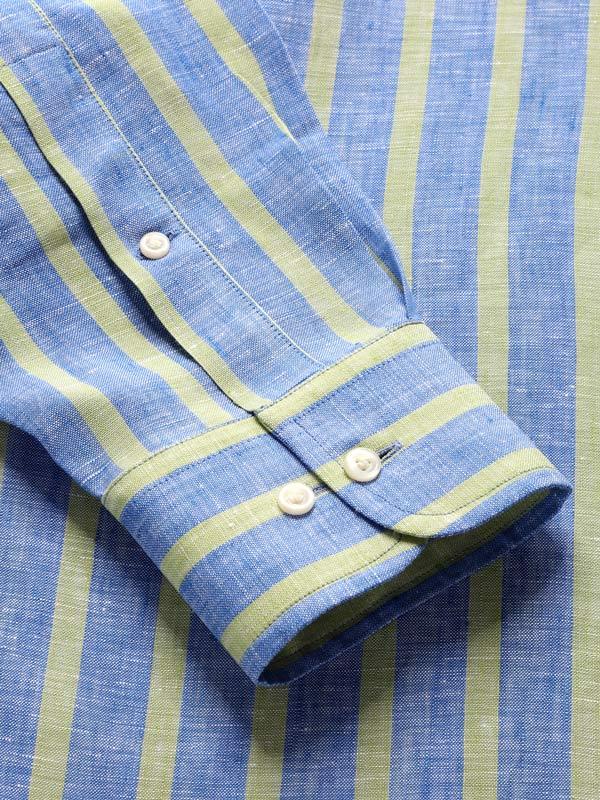 Positano Green Striped Full Sleeve Single Cuff Classic Fit Semi Formal Point collar Linen Shirt