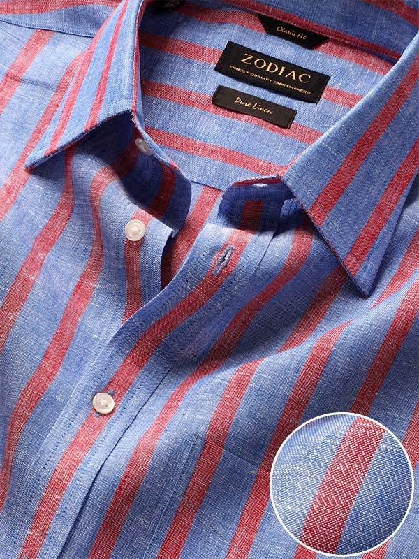 Positano Red Striped Full Sleeve Single Cuff Classic Fit Semi Formal French Flax Linen Shirt