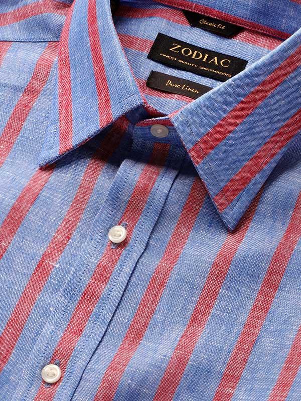 Positano Red Striped Full Sleeve Single Cuff Classic Fit Semi Formal French Flax Linen Shirt
