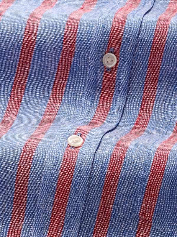 Positano Red Striped Full Sleeve Single Cuff Classic Fit Semi Formal French Flax Linen Shirt