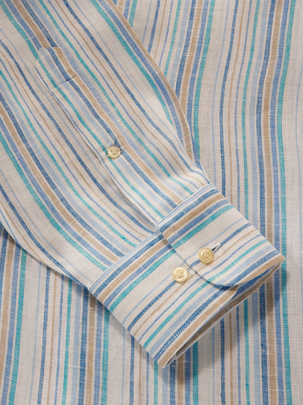Positano Blue Striped Full Sleeve Single Cuff Classic Fit Semi Formal European Flax Linen Shirt