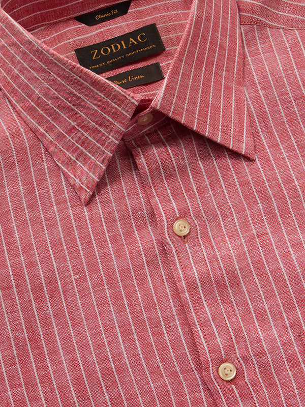 Positano Red Striped Full Sleeve Single Cuff Classic Fit Semi Formal French Flax Linen Shirt